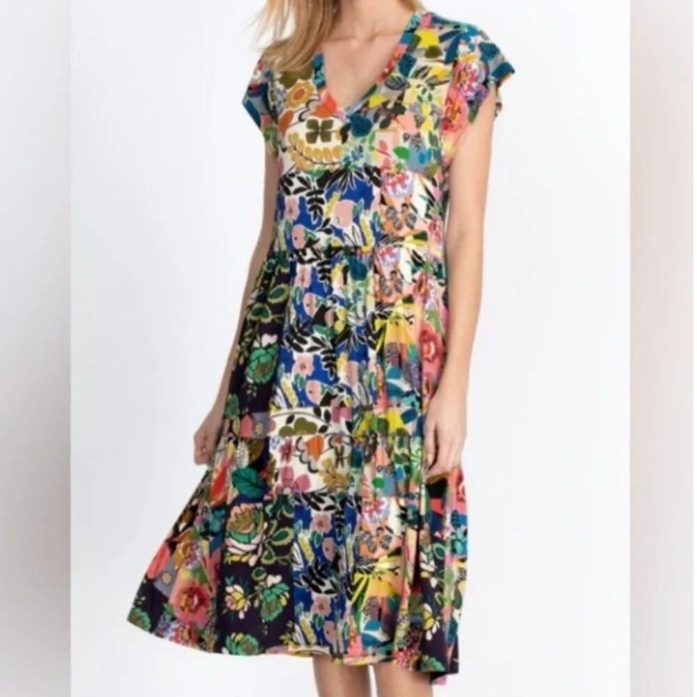 Johnny Was Chelsea Garden Dress Women XL Floral Knit Tiered Trip Festival Resort